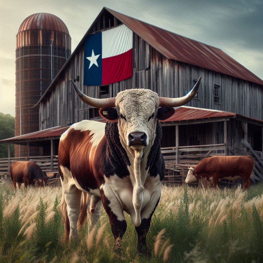 Bull in front of Texas barn